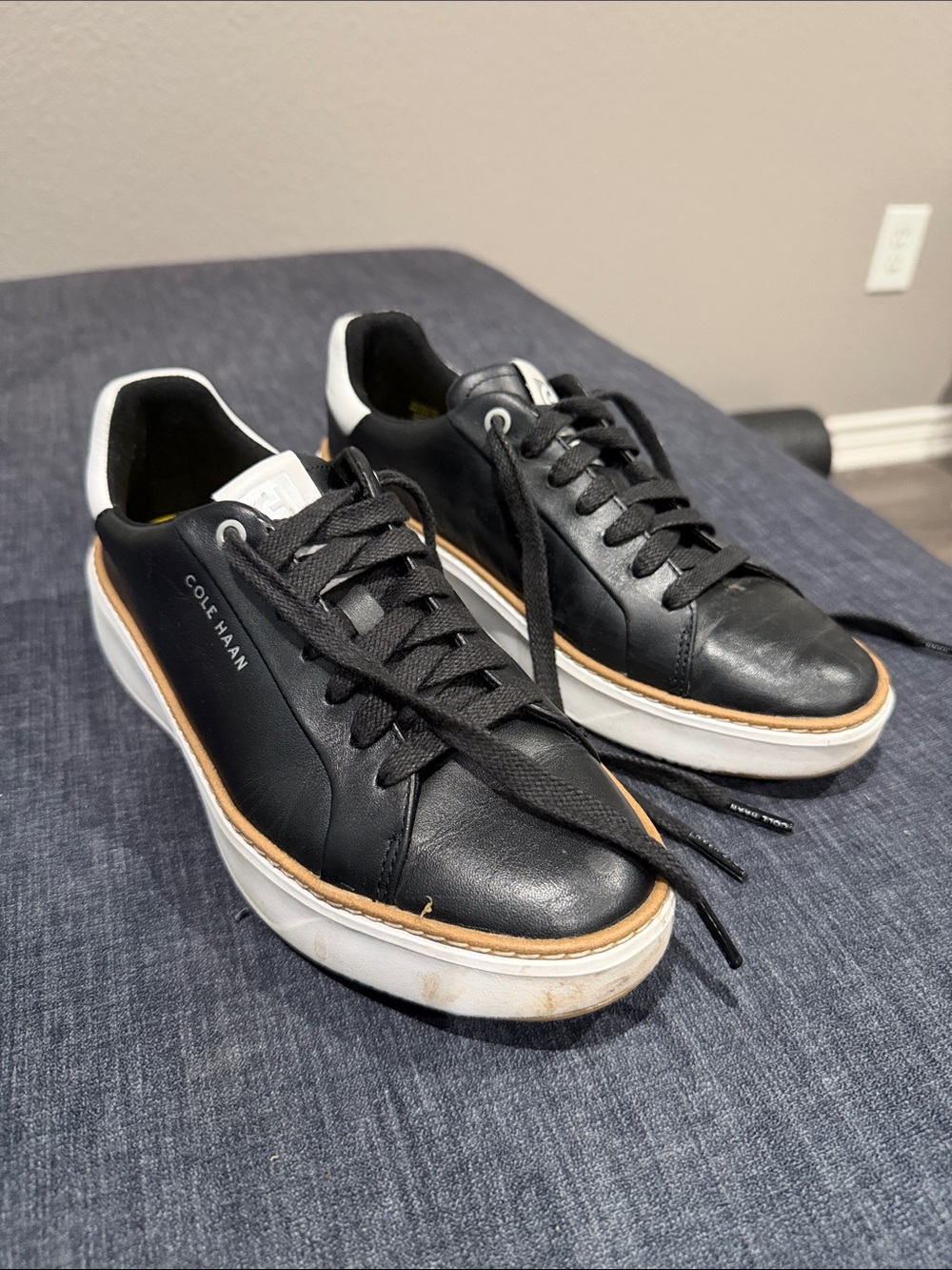 Cole Haan Black Leather Sneakers with White Sole and Tan Trim